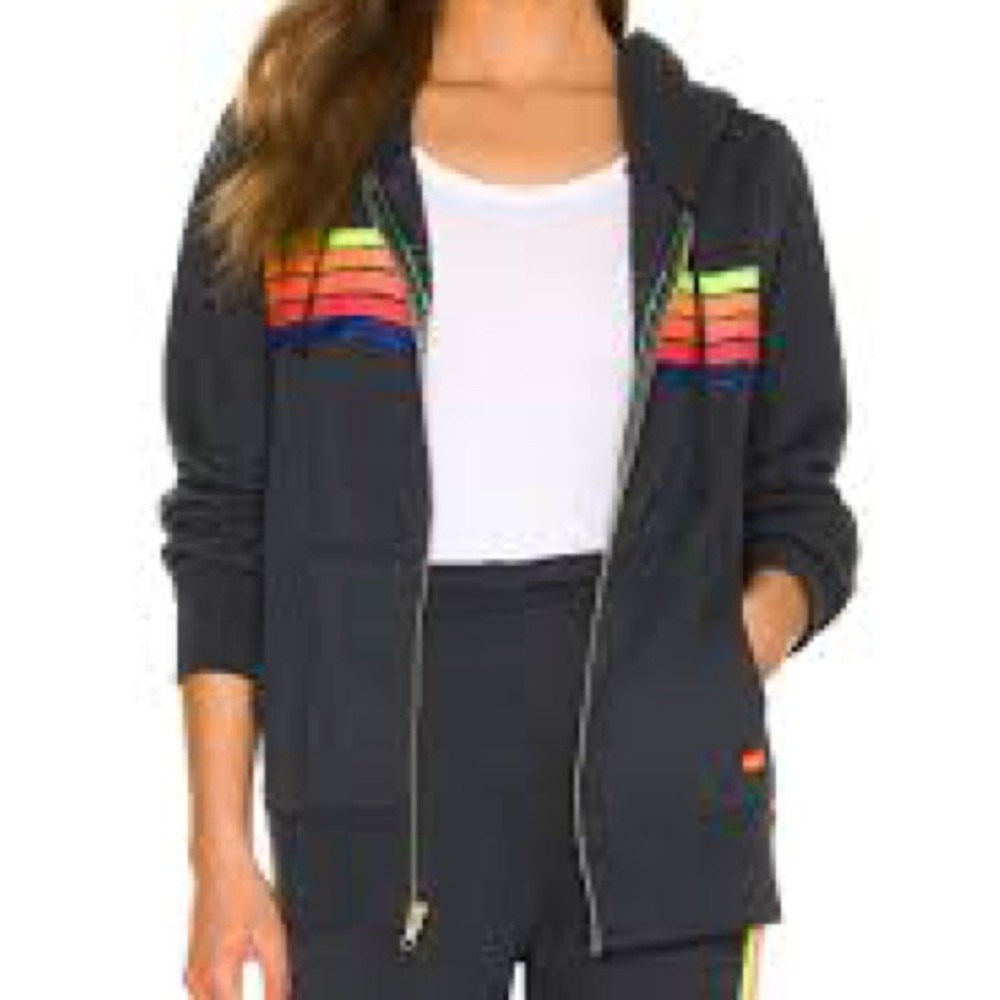 Aviator Nation 5 Stripe Zip Hoodie in Black/Gray/Neon Rainbow